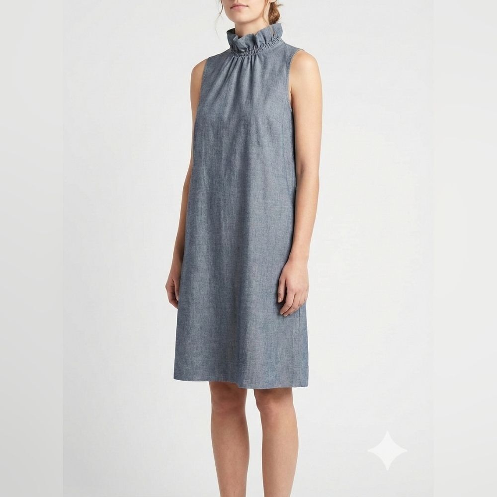 Banana Republic Chambray Midi Dress Size 0 Blue Ruffle High Neck Cotton NWT